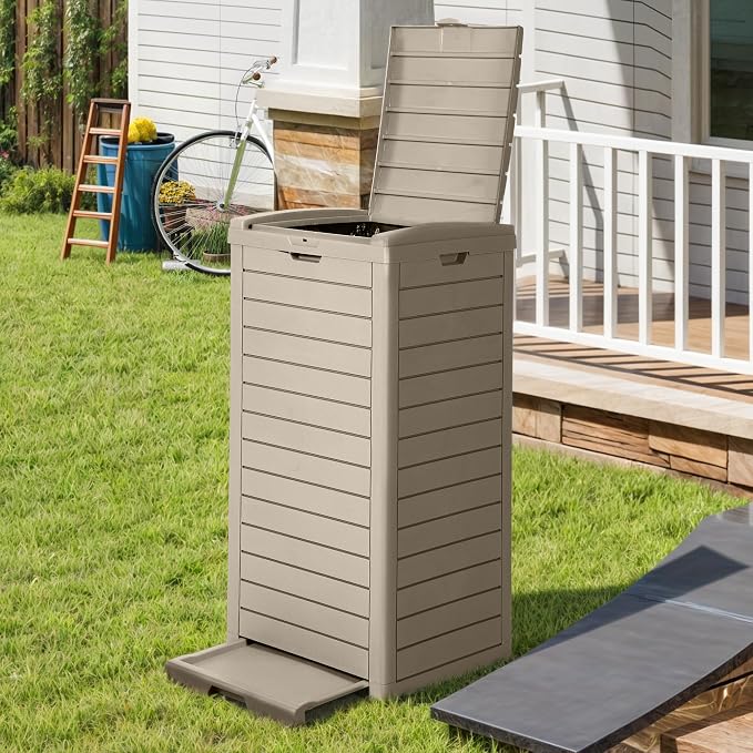 DWVO 38 Gallon Large Outdoor Trash Can, Waterproof Resin Hideaway Garbage Bin with Lid and Drip Tray, Outside Trash Bin for Porch, Backyard, Deck, Patio, Poolside, Easy to Clean, Taupe - Image 3