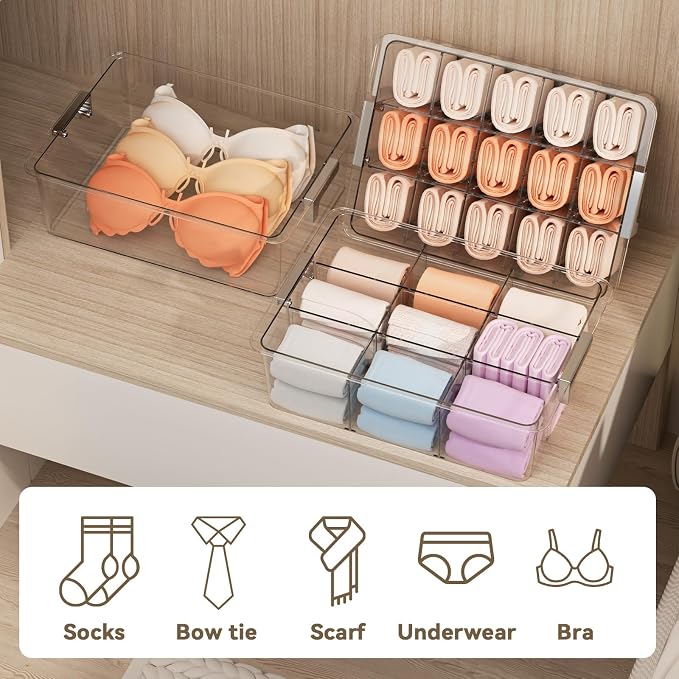 Bra Drawer Organizer for Women - 2 PCS Clear Plastic Storage Box with Lid and Dividers for Socks, Underwear, Bras, Ties, and Closet Organization - Image 9