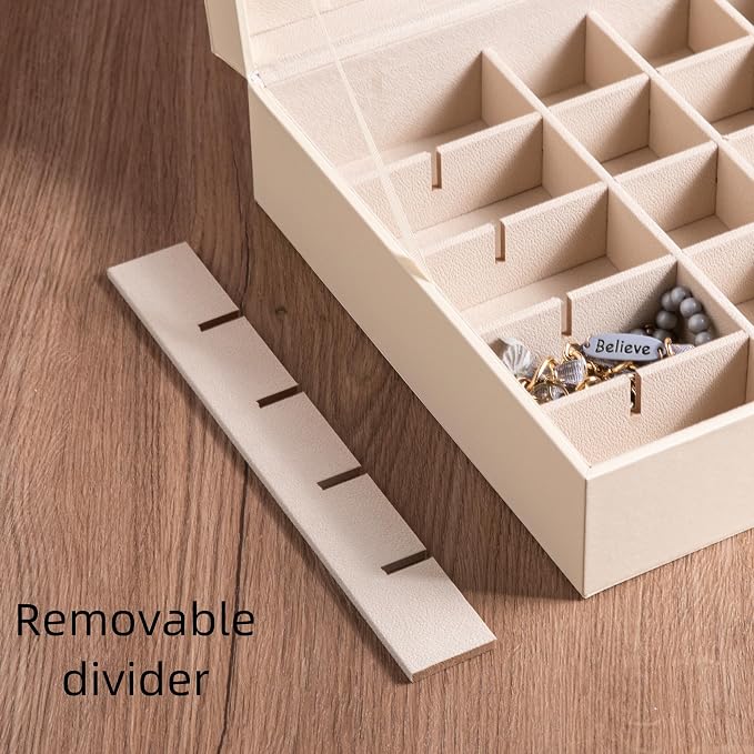 Frebeauty Earring Organizer Classic Jewelry Box 50 Slots Double Layer Jewelry Storage Case with 6 Necklace Hook and Bracelet Pocket(Beige) - Image 5
