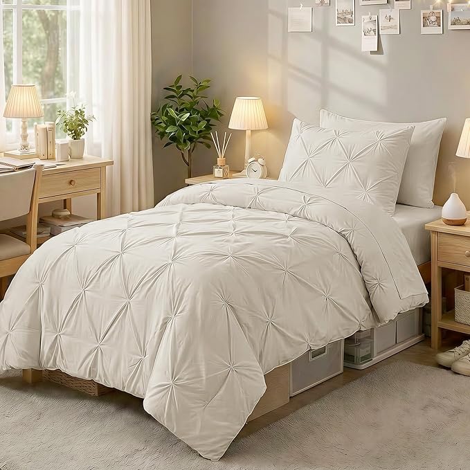 Sasttie Twin XL Comforter Set, 5-Piece Bed in a Bag, Pintuck Bedding Sets for All Season, Includes Comforter, Flat Sheet, Fitted Sheet, Pillowcase and Pillowsham, Beige