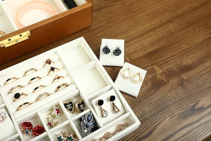 Solid Walnut Wood Jewelry Box with Lock, 2-Layer Vintage Jewelry Organizer for Men Women, Velvet-Lined Storage Chest with Key Lock (Beige)​ - Image 5
