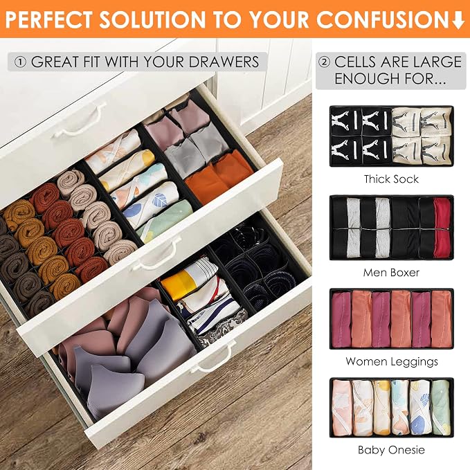 6 Pack Sock Underwear Drawer Organizer Dividers, 58 Cell Foldable Fabric Dresser Closet Organizers and Storage Bins for Clothing, Baby Clothes, Bra, Panty, Scarf, Ties (Black) - Image 3