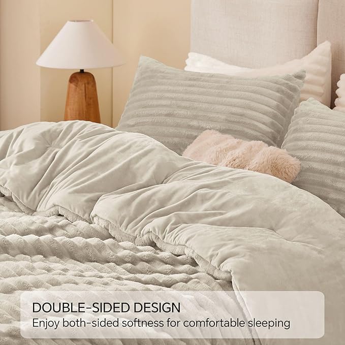 BEDELITE Fleece Full Comforter Set -Super Soft & Warm Fluffy Linen Bedding, Luxury Fuzzy Heavy Bed Set for Winter with 2 Pillow Cases
