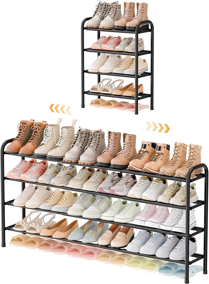 ENJOYBASICS 4 Tier Expandable Shoe Rack for Closet, Free Standing Metal Shoe Shelf Storage Organizer Holder 24 Pairs, Adjustable Width Shoe Rack for Entryway Small Space, Black by ENJOYBASICS