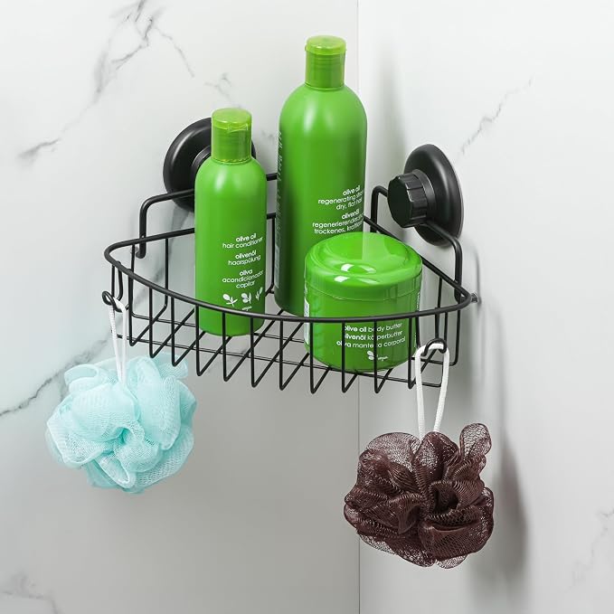 HASKO accessories Corner Shower Caddy with Suction Cup Shower Shelf with Hooks, Stainless Steel Bathroom Caddy, Wall Mounted Shower Basket for Bathroom, Adhesive 3M Stick Discs Included (Black) - Image 3