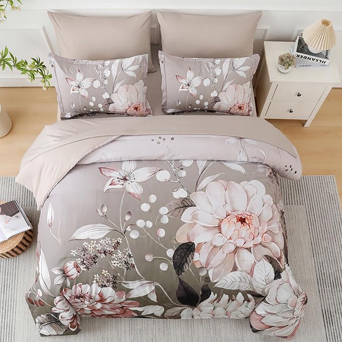Drucon Brown Comforter Set King Size - 7 Pieces Floral Bedding Sets, Soft Botanical Flowers Comforter Bed in a Bag with Sheets, Pillowcases & Shams