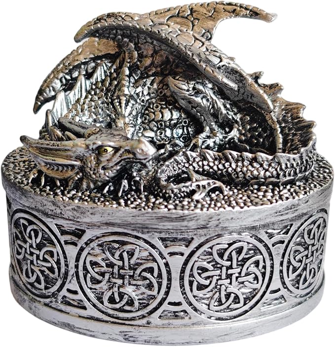 Dragon Statue Jewelry Box, Medieval Fantasy Myth Dragon With Cover Treasure Box, Dragon Statue Decoration Collection Gift Box. (Sliver) by XinZhiRun