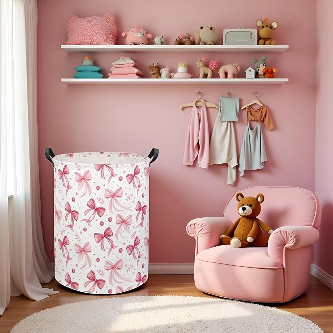 HIYAGON Butterfly Baby Laundry Basket Baby Hamper for Nursery Girl Kids Butterfly Hamper Cute Kids Toys Storage Bin Organizer Butterfly Room Decor for Home(Pink Bowknot) - Image 4