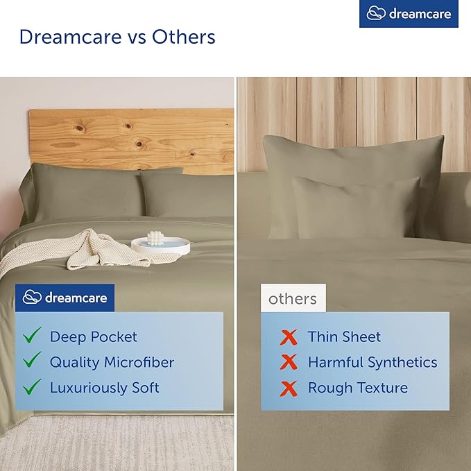DREAMCARE King Size Sheets Set – 4 pcs Super Soft & Lightweight Cooling Sheets – up to 21” Deep Pocket King Sheet Set – Hotel Luxury Sheets & Pillowcases 100% Microfiber with Side Pocket Eucalyptus