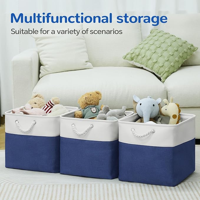 13 x 13 Inch Cube Storage Bins, 6 Pack Fabric Storage Basket with Handles, Foldable Boxes Organizer for Shelf Baskets for Home, Clothes (White/Blue) - Image 5