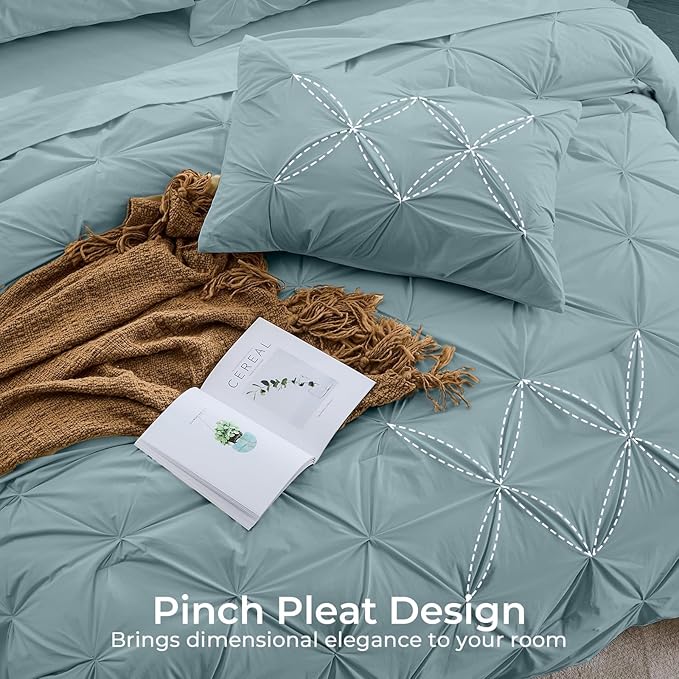 Sasttie Queen Comforter Set, 7-Piece Bed in a Bag, Pintuck Bedding Sets for All Season, Includes Comforter, Flat Sheet, Fitted Sheet, Pillowcases and Pillowshams, Greylish Blue