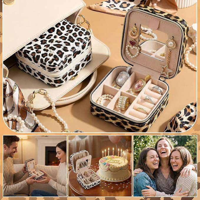 Nosiny 2 Pack Travel Jewelry Case with Mirror Small Laser Jewelry Box Organizer Gifts for Mother's Day Women Rings Earrings(Leopard Print) - Image 6