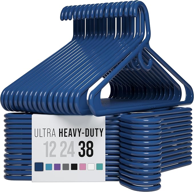 NEATERIZE Thick Heavy Duty Hangers - Navy Plastic Clothes Hangers 38 Pack - Great for Coat Hanger, Jackets Jeans & Suit Hanger for Closet - New Apartment Essentials Percheros Ganchos para Colgar Ropa by Neaterize