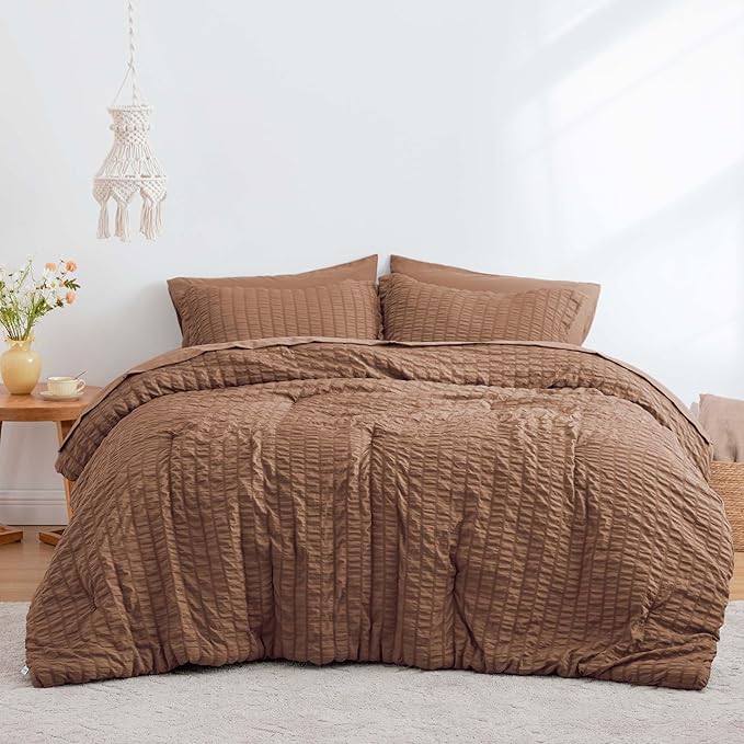 Love's cabin Seersucker Mocha Mousse King Size Comforter Set, 7-Piece All Season Lightweight Bed in a Bag Bedding Set with Comforter, Flat Sheet, Fitted Sheet, Pillowcases and Shams | Soft, Breathable, Lightweight