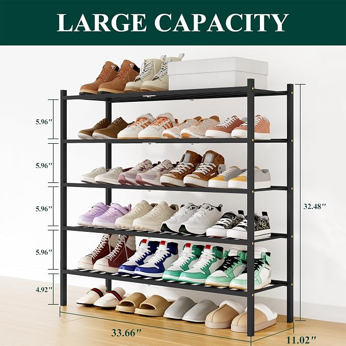 Smiry Shoe Rack, 5 Tier Long Bamboo Shoe Organizer, Stackable Free Standing Wooden Shoe Storage Shelf for Closet, Entryway, Front Door Entrance, Black - Image 2