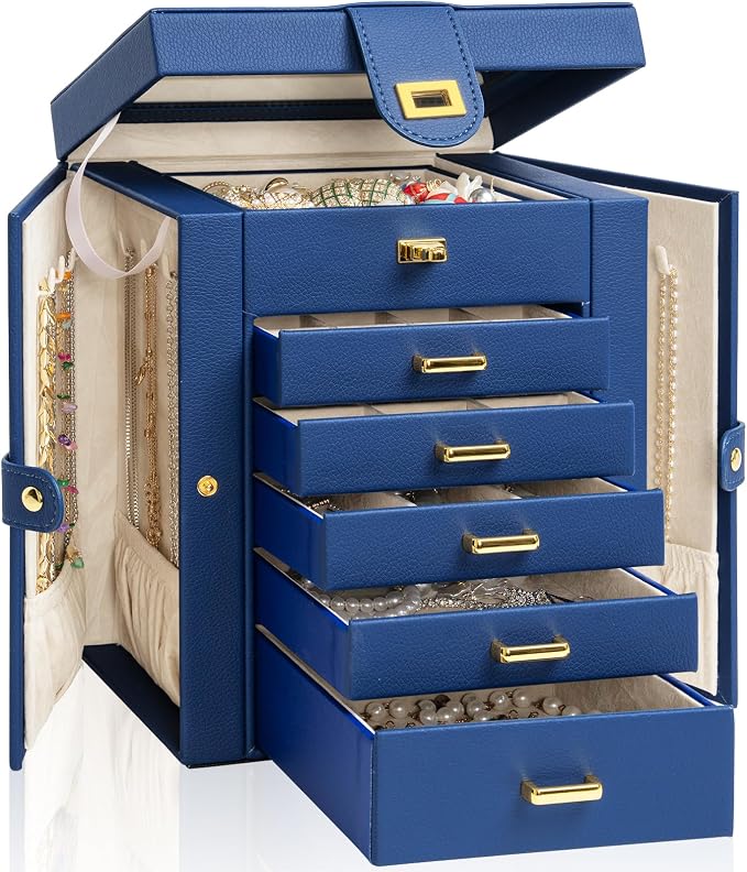 AKOZLIN Jewelry Box Organizer Functional Leather Jewelry Storage Case for Women Girls Ring Necklace Earring Bracelet Holder Organizer with Mirror Blue by AKOZLIN