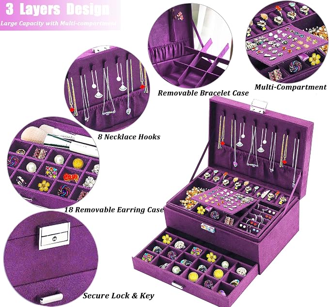 QBestry 3-Layer Jewelry Box for Women with Lock and Key & Drawer, Large Jewelry Organizer with 8 Necklace Hooks & 56 Earring Holes, Purple Velvet Jewelry Storage Box for Necklace Earring Ring Bracelet - Image 3