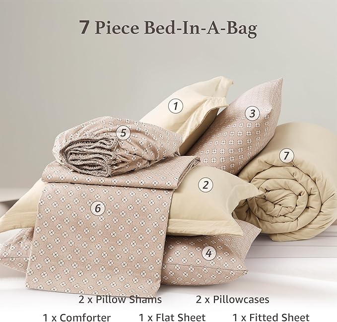 Monbix Full Size Comforter Set - 7 Pieces Oatmeal Prewashed Bed in a Bag Full Bedding Sets with Comforters, All Seasons Ultra Soft Comforter Bed Set with Sheets,Pillowcases & Shams