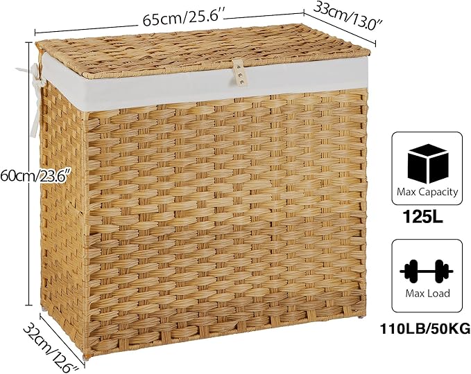 Greenstell Laundry Hamper with Lid, 125L Large Clothes Hamper with 3 Section & 2 Section Removable Liner Bags & 5 Mesh Laundry Bags, Handwoven Synthetic Rattan Divided Laundry Basket, Natural - Image 7