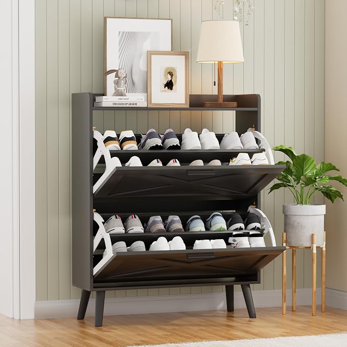 Homleke 32" W Farmhouse Shoe Storage Cabinet with 2 Flip Drawers and Barn Door Design, Adjustable Shelves, Modern Hidden Slim Narrow Shoe Rack Cabinet for Entryway, Foyer, Hallway, Living Room, Black - Image 9