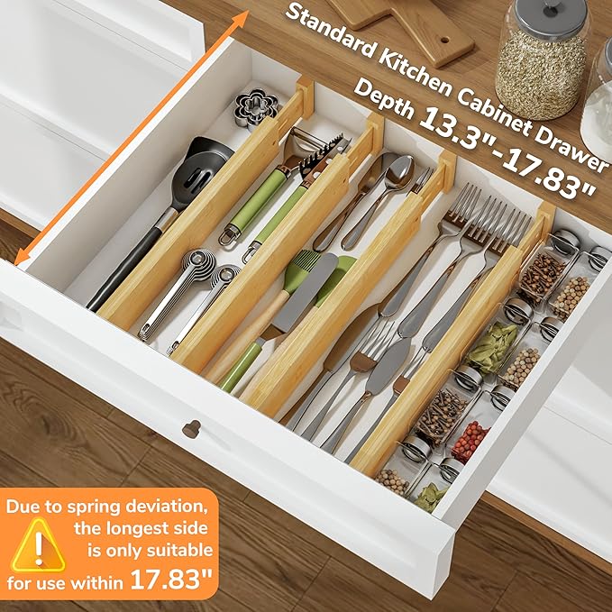 BAMEOS Drawer Divider,Expandable Bamboo Separators Adjustable Utensil Knife Fork Tool Kitchen Organizer, Clothes Fabric Drawer Organizer In Bathroom Bedroom Office, Cabinet Dresser Organizer 4-pack - Image 4