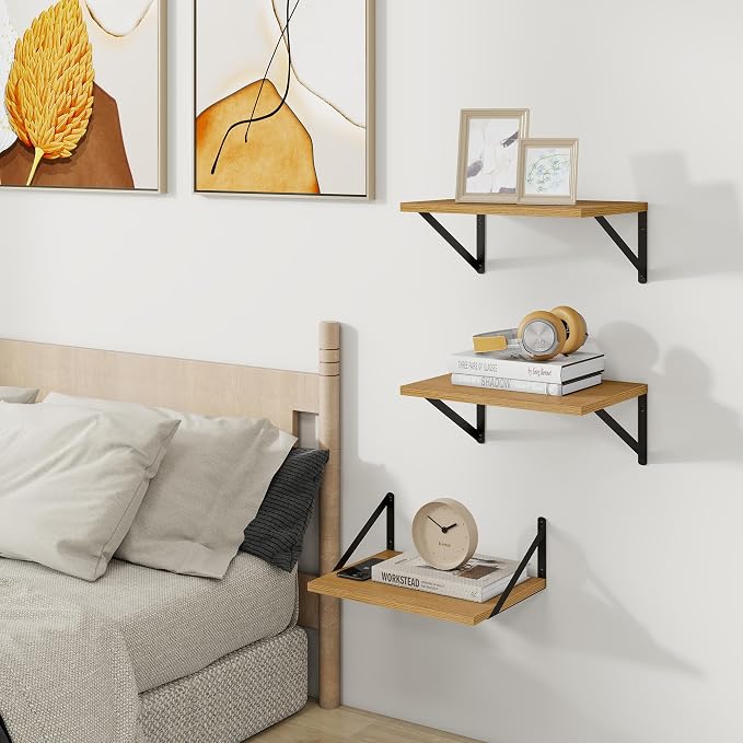 Heimlove Deep Floating Shelves for Wall, 12 Inch Deep Floating Shelves Set of 3, 16W x 12D Wood Wall Shelves, Wide Wood Shelves with Metal Bracket for Living Room, Kitchen, Office, Bedroom - Oak - Image 2