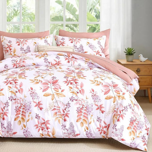 Cottolester Pink Comforter Set King Size Floral 7-Piece Bedding Set,Pink Purple Botanical Comforter Set with Pillowcases,Soft Microfiber Complete Bedding Sets for All Season