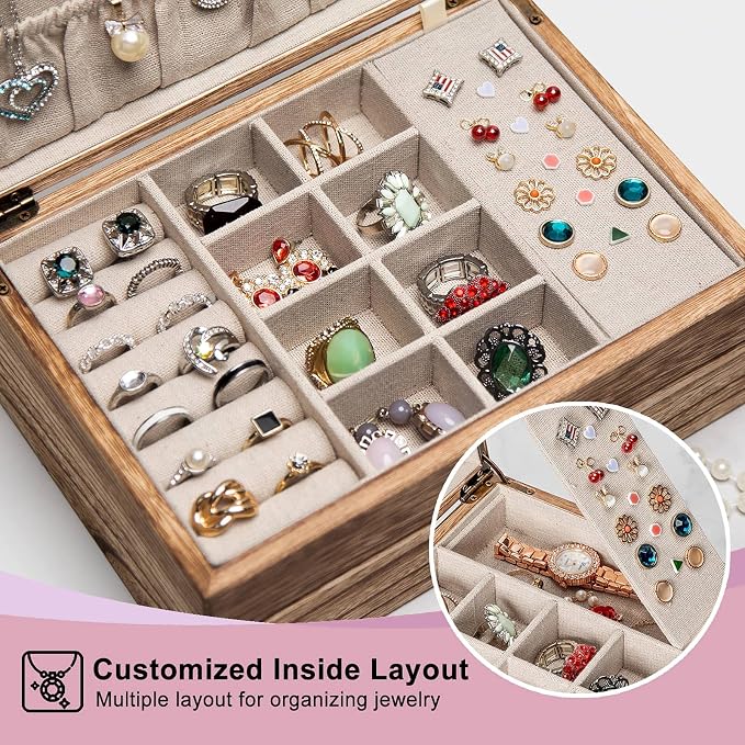 Pinzoveco Jewelry Box for Women, Rustic Wooden Jewelry Organizer Box for Storage Earrings Rings Necklace Bracelet, Farmhouse Style Wood Jewelry Boxes & Organizers (Torched Wood Color) - Image 3