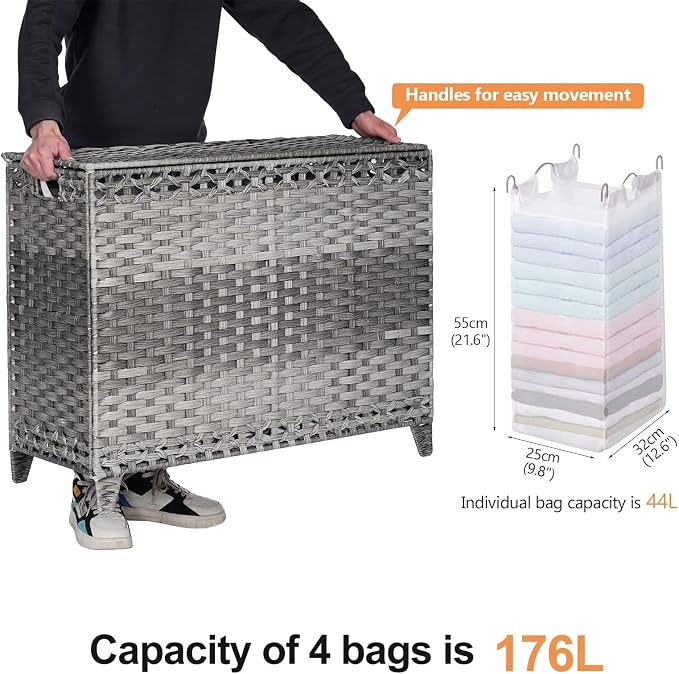 Laundry Hamper with 4 Removable Liner Bags; 176L Handwoven Rattan Laundry Basket with Lid & Heightened Feet; Clothes Hamper with Side Handles - Image 4