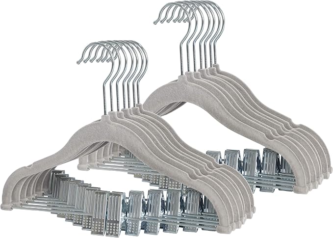 Finnhomy Non-Slip Clothes Hangers for Baby and Kids 20-Pack Velvet Hangers with Movable Clips, Heavy-Duty and Space-Saving for Pants,Skirts, Coat, Gray by Finnhomy