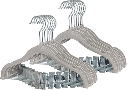 Finnhomy Non-Slip Clothes Hangers for Baby and Kids 20-Pack Velvet Hangers with Movable Clips, Heavy-Duty and Space-Saving for Pants,Skirts, Coat, Gray by Finnhomy