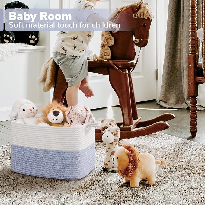 Goodpick Woven Storage Baskets for Organizing, Cotton Rope Organizer for Dog Toys Books, Rectangle Shoe Basket for Shelves, Stylish Gift Baskets Empty with Handles, 13"x10"x9", Blue - Image 4