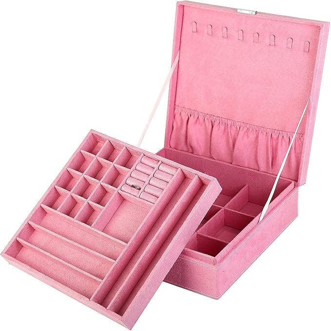 Two-Layer Jewelry Box Organizer Display Storage case with Lock (Pink) by KLOUDCity