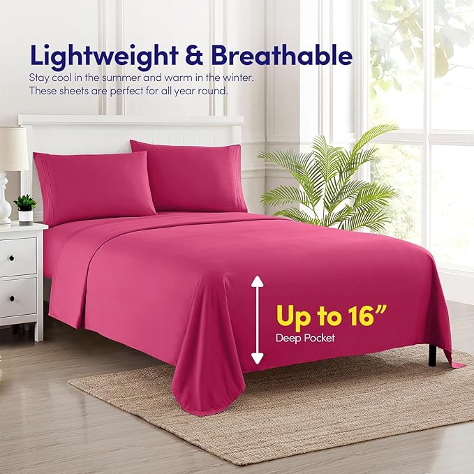 Twin XL Size Sheet Set with Built-in Sheet Straps - Deep Pocket Fitted Sheet, Flat Sheet & Pillowcases - Soft, Wrinkle-Free, Secure Fit - Fuschia