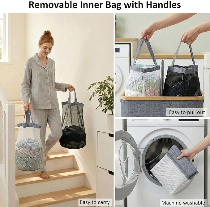 efluky Laundry Hamper with Lid, Double Laundry Hamper with 2 Removable Bags, 2 Section Laundry Basket with Bamboo Handles for Bathroom, Bedroom & Laundry Room, 140L (36.9 Gallon) Blue Grey - Image 4