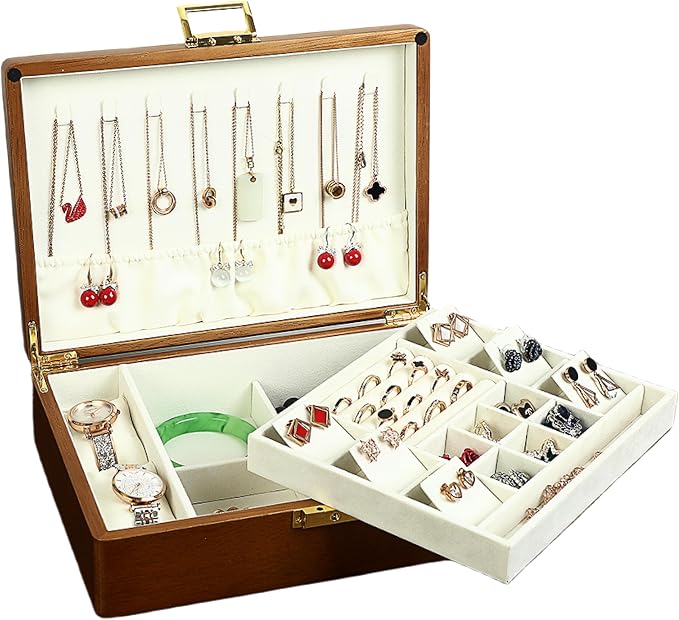 Solid Walnut Wood Jewelry Box with Lock, 2-Layer Vintage Jewelry Organizer for Men Women, Velvet-Lined Storage Chest with Key Lock (Beige)​ by LIBOLXSP