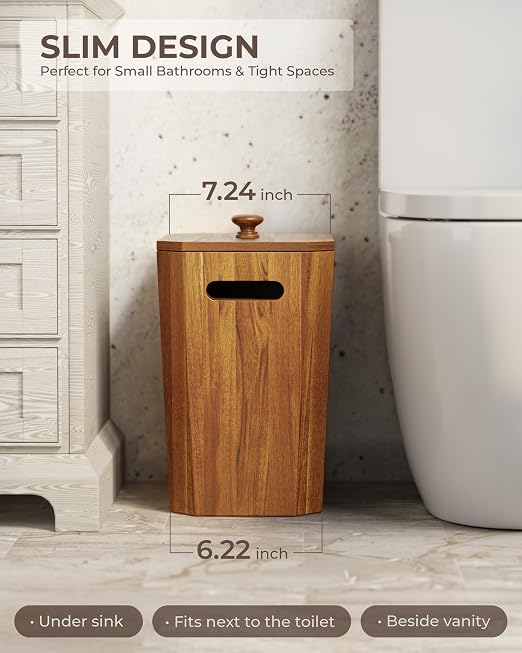 BLUEWEST 2.6 Gallons Acacia Wooden Wastebasket with Lid & PP Liner – Small Trash Can for Bathroom, Bedroom, Office – Decorative Wood Bin with Handle for Under Counter Use - Image 2
