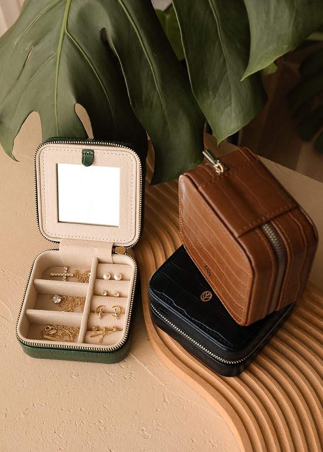S.Leaf Travel Jewelry Organizer Boxes for Women Small Portable Necklace Earrings Bracelet Rings Travel Case Best Friend Birthday Gifts for Women Trendy (11_Pattern_Crocodile_Black_01) - Image 3
