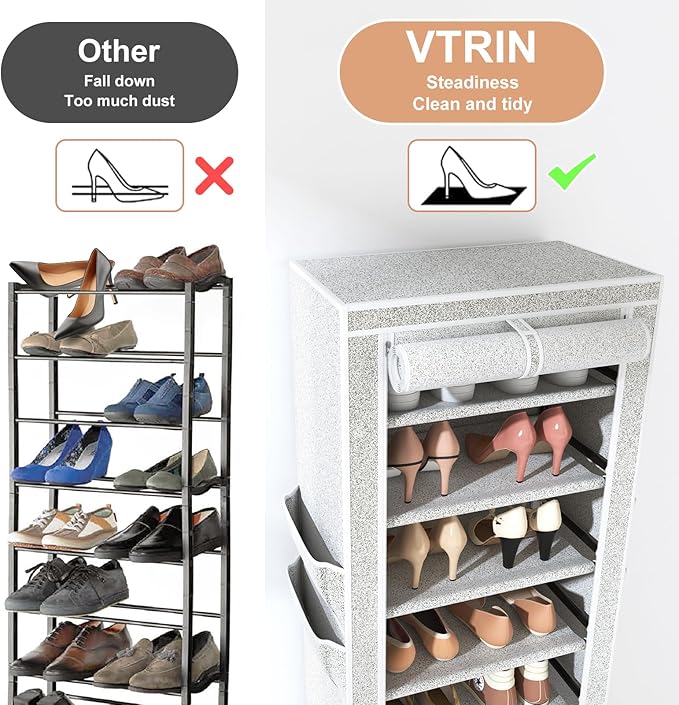 VTRIN Vertical Narrow Shoe Rack Organizer Tall Shoe Rack for Closet Entryway 10 Tier Non-Woven Cover Shoe Shelf Holds 20-22 Pairs Free Standing Shoe Storage Cabinet with Dustproof Cover, Multi Color - Image 6