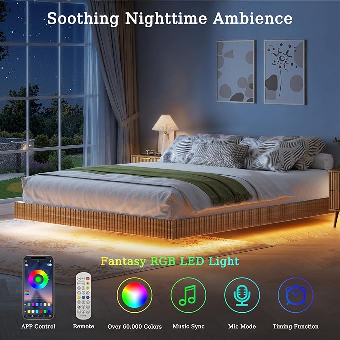 LYNSOM 3 Pieces King Bedroom Set, Floating Bed Frame with Smart LED Lights & Nightstand Set of 2, Fluted Bedroom Furniture Set for Home, Bedroom, Walnut