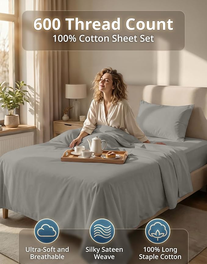 LANE LINEN Twin Bed Sheets Set - 600 Thread Count Premium Sateen Weave for Gentle Feel On Skin - 100% Cotton, Breathable Sheet Set for Added Comfort - Fits Mattresses Upto 15'' Deep - Silver