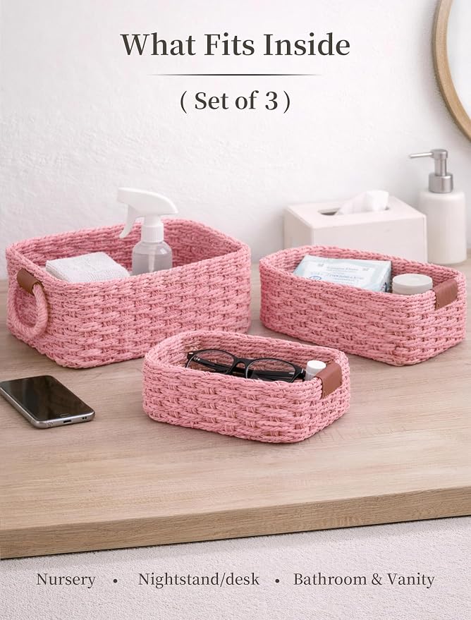 Storage Basket, Recycled Paper Rope Bathroom Basket Organizer, 3Pcs Small Baskets for Organizing, Mini wicker Basket for Decorative Storage Bins, Shelves, Bathroom, Cabinet - Pink - Image 3