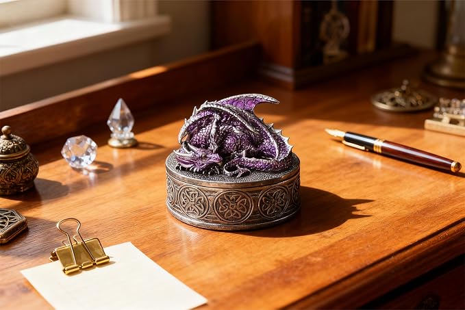 Dragon Statue Jewelry Box - Medieval Fantasy Myth with Cover Treasure Box, Dragon Statue Decoration Collection Gift Box (Purple) - Image 3