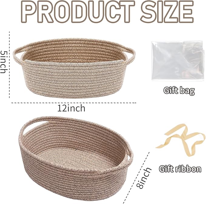 JMvicyroam Woven Basket,Small Rope Storage Bin with Handles & Ribbon Bag, Organizer for Shelves Closets,Gift Basket Empty for Birthday,Books,Dog Toys,Oatmeal/2 Pack - Image 2