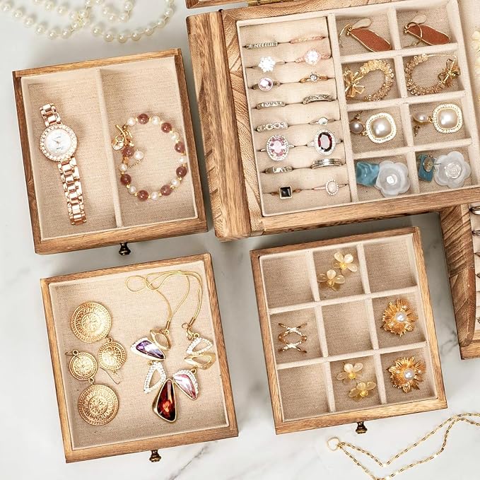 Poyilooo Jewelry Box Organizer, Solid Wood Jewelry Boxes fow Women with Mirror, Double Layer Jewelry Organizer Box Display Earring Necklace Bracelet Ring, Rustic Style Small Jewelry Box for Girls - Image 4