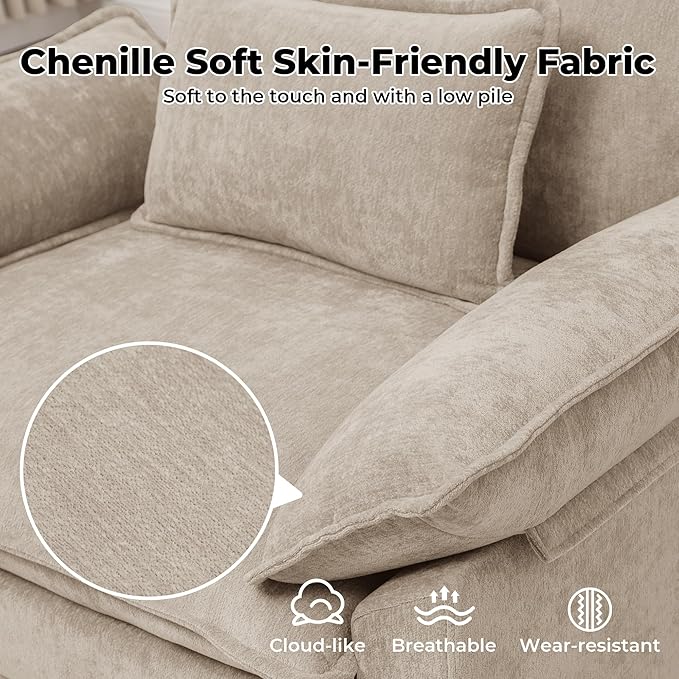 Modern Oversized Accent Chair,Chenille Cloud Sofa Chair with Deep Seat,Upholstered Armchair with Extra Thick,Comfy Reading Chairs for Living Room Bedroom Apartment Khaki