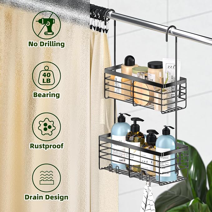 YUOROS Hanging Shower Caddy, 2 Tier Over the Door Shower Organizer Rack Organizer Stainless Steel Rustproof (Black) - Image 2