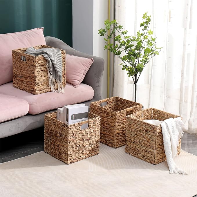 12x12in Storage Baskets Set of 4 Water Hyacinth Baskets,Foldable Handwoven Storage Cubes,Wicker Cube Baskets Laundry Organizer Totes for Home - Image 5