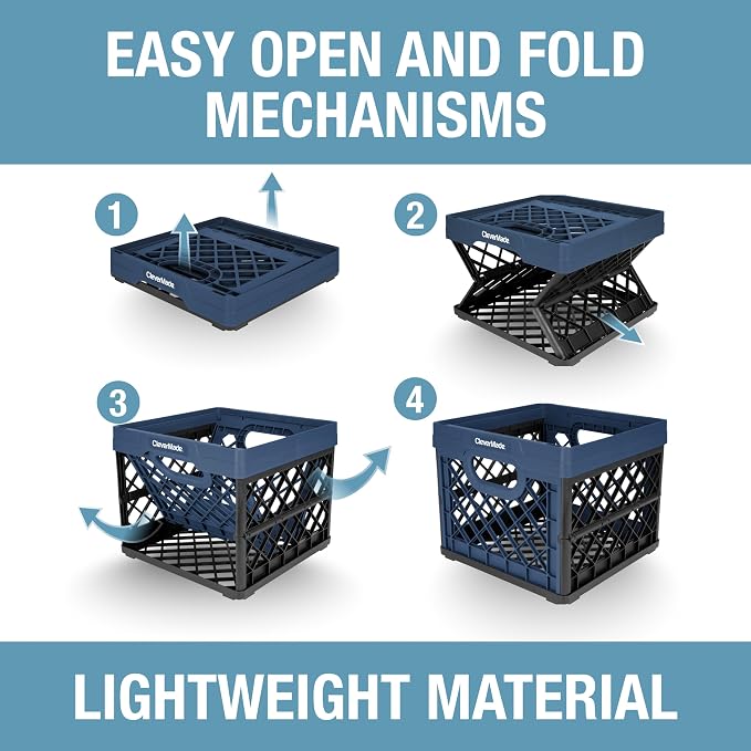CleverMade Collapsible Milk Crate 25L (6.6 Gal) 3 Pack, 50 lb Capacity Heavy Duty Folding Crate – Stackable Storage Crates with File Rails, Plastic Collapsible Crates - Ocean - Image 7