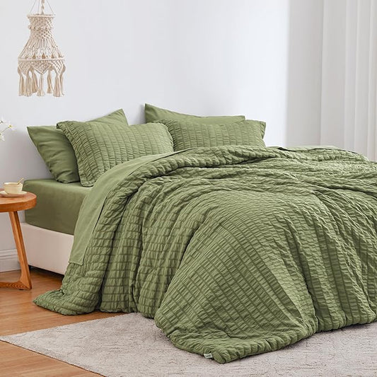 Love's cabin Seersucker Sage Green Twin XL Comforter Set, 5-Piece All Season Lightweight Bed in a Bag Bedding Set with Comforter, Flat Sheet, Fitted Sheet, Pillowcase and Sham | Soft, Breathable, Lightweight